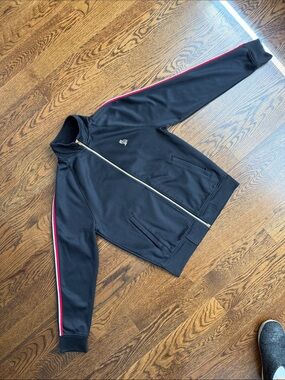 Men's OVO Black Zip-Up Track Jacket with Red & White Sleeve Stripes, Gold Zipper